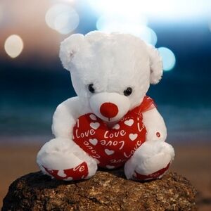 16" White  Valentines  Teddy Bear with Red Heart  Lights up  w/Audio I love you